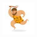 Hunter With Axe Running Cartoon Illustration Of First Sapiens Troglodyte In Animal Pelt Living In Stone Age