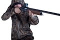 Hunter in camouflage clothing with a gun on white background isolated. The man with the shotgun. Young guy in a camo suit with a Royalty Free Stock Photo