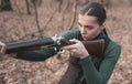 hunter carry rifle. Target shot. female hunter in forest. woman with weapon. successful hunt. hunting sport. girl with Royalty Free Stock Photo