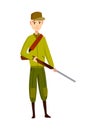 Hunter character with rifle. Man with a gun in camouflage in cartoon style. Human with weapons on hunting Royalty Free Stock Photo