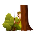 Hunter character with rifle sitting by a tree. Man with a gun in camouflage in cartoon style. Human with weapons on Royalty Free Stock Photo