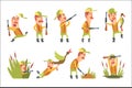 Hunter In Different Funny Situations Set Of Illustrations