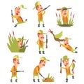 Hunter In Different Funny Situations Set Of Illustrations