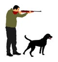 Hunter with dog aiming with his rifle illustration. Outdoor hunting scene. Pointer looking on prey. Man hunting.