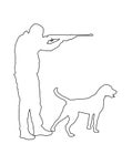 Hunter with dog aiming with his rifle vector line contour silhouette. Royalty Free Stock Photo