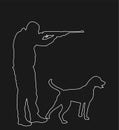 Hunter with dog aiming with his rifle vector line contour silhouette isolated on black background. Royalty Free Stock Photo