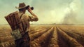 a hunter, equipped with binoculars and a map, scouting a vast glass agricultural field, where rows of crops extend into Royalty Free Stock Photo