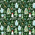 Hunter green craft Christmas seamless vintage wallpaper with paper cutting reindeer, house, snowman, hare, snowy firs and trees, X Royalty Free Stock Photo