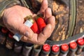 A hunter with a gun in his hands in hunting clothes in the autumn forest in search of a trophy. Royalty Free Stock Photo