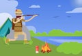 Hunter with gun vector illustration. Weapon and shotgun, hunting sport, duck and shooter cartoon character on hunt at