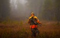 Hunter and his elkhound outdoor - hunting season Royalty Free Stock Photo