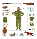 Hunter and hunting equipment flat vector