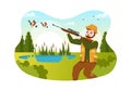 Hunter with Hunting Rifle or Weapon Shooting to Birds or Animals in the forest on Flat Cartoon Hand Drawing Template Illustration