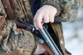 Hunter loading his old russian double-barreled side by side shotgun Royalty Free Stock Photo