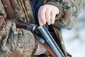 Hunter loading his old russian double-barreled side by side shotgun Royalty Free Stock Photo