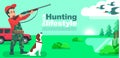 Hunter man with dog aiming or hunting in a duck hunt flat design