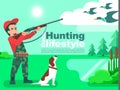 Hunter man with dog aiming or hunting in a duck hunt flat design Royalty Free Stock Photo