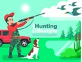 Hunter man with dog aiming or hunting in a duck hunt flat design Royalty Free Stock Photo