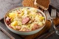 Hunter\'s cabbage stewed with sausage, potatoes, bacon and onions close-up in a bowl. Horizontal Royalty Free Stock Photo