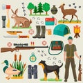 Hunter tourist man male tools and equipment stuff items set. Royalty Free Stock Photo