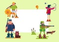 Hunters characters vector cartoon illustrations. Various hunter with riffle, gun, bow and animals. Safari hunting with