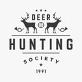 Hunters club with deer and sight vector logo. Horned prey silhouettes with vintage beacons symbol old traditions and