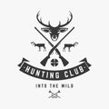 Hunters club with grazing deer logo vector. Moose silhouettes with crossed gunsand sight gambling and elite monochrome