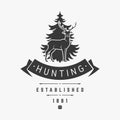 Hunters organization with deer and silhouette christmas tree vector logo. Vintage set laws and retro hunting rules.