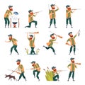 Hunters. Sniper outdoor human with weapons duck hunting in action poses vector characters