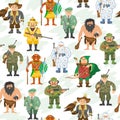 Hunters vector illustration cartoon style different gear huntsman characters aiming man people seamless pattern Royalty Free Stock Photo