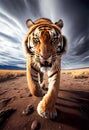 Hunting Attack By A Running Tiger Looks Towards The Camera - Generative AI