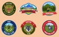 Hunting badges emblems set of vector illustrations. Hunters club heraldic emblem of shield with buck or stag silhouette Royalty Free Stock Photo