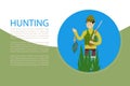 Hunting banner with hunter holding rifle and ducks cartoon vector illustration.