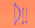 Hunting bow toy with sticky arrow, Plastic Toy Weapon , indigo blue hunting and adventure tool on pinkish orange background, 3d