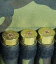 Hunting cartridges, close up. camouflage background Royalty Free Stock Photo