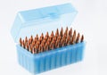 Hunting cartridges in a plastic box. Bullet storage box. Royalty Free Stock Photo