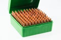 Hunting cartridges in a plastic box. Bullet storage box. Royalty Free Stock Photo