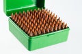 Hunting cartridges in a plastic box. Bullet storage box. Royalty Free Stock Photo