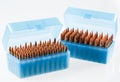 Hunting cartridges in a plastic box. Bullet storage box. Royalty Free Stock Photo