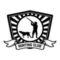 Hunting club emblem template. Hunter with hunting dog. Design element for logo, label, sign, poster, banner. Royalty Free Stock Photo