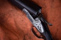 Hunting double barrel vintage shotgun, close-up.Selective focus.Concept hunting.