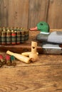 Hunting.Duck decoys with wooden whistles.