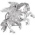Hunting with eagle on a horse. Black and white illustration