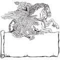 Hunting with an eagle on a horse. Template with scroll. Black white