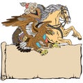 Hunting with an eagle on a horse. Template with scroll