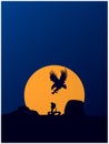 Hunting eagle and snake silhouette on blue background with sun Royalty Free Stock Photo