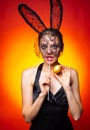 Hunting egg. Smile easter. bunny rabbit on red background. Easter bunny dress.