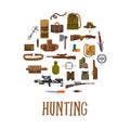 Hunting equipment and hunter accessories vector illustration. Hunt or rifle gun, carbine with arbalest crossbow, compass