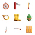 Hunting equipment icon set, cartoon style Royalty Free Stock Photo