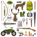 Hunting equipment kit rifle, knife, hat, suit, shotgun, boots, decoy, patronage, matches, a trap. Vector Royalty Free Stock Photo